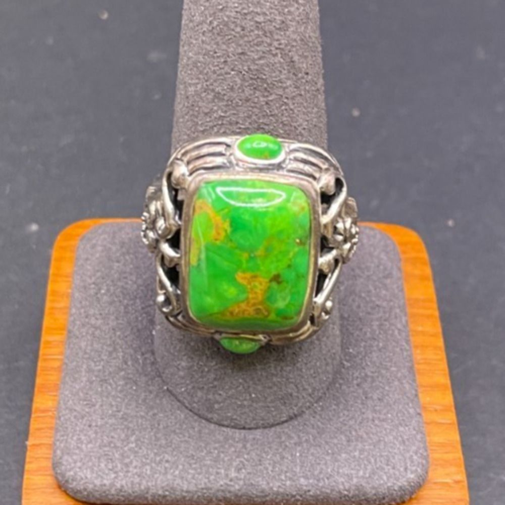 925 NK Thailand Sterling Silver 925 Green Turquoise Cabochon Ring Sz 9.75